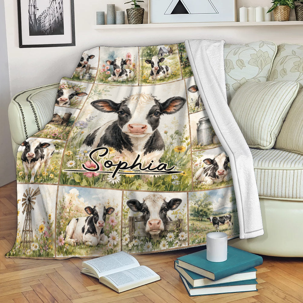 Cow throw blanket draped over a sofa with pastoral cow artwork, wildflowers, barns, and farmhouse scenery