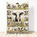 Custom cow blanket featuring black and white cows, wildflowers, barns, a windmill, and rustic farm scenes