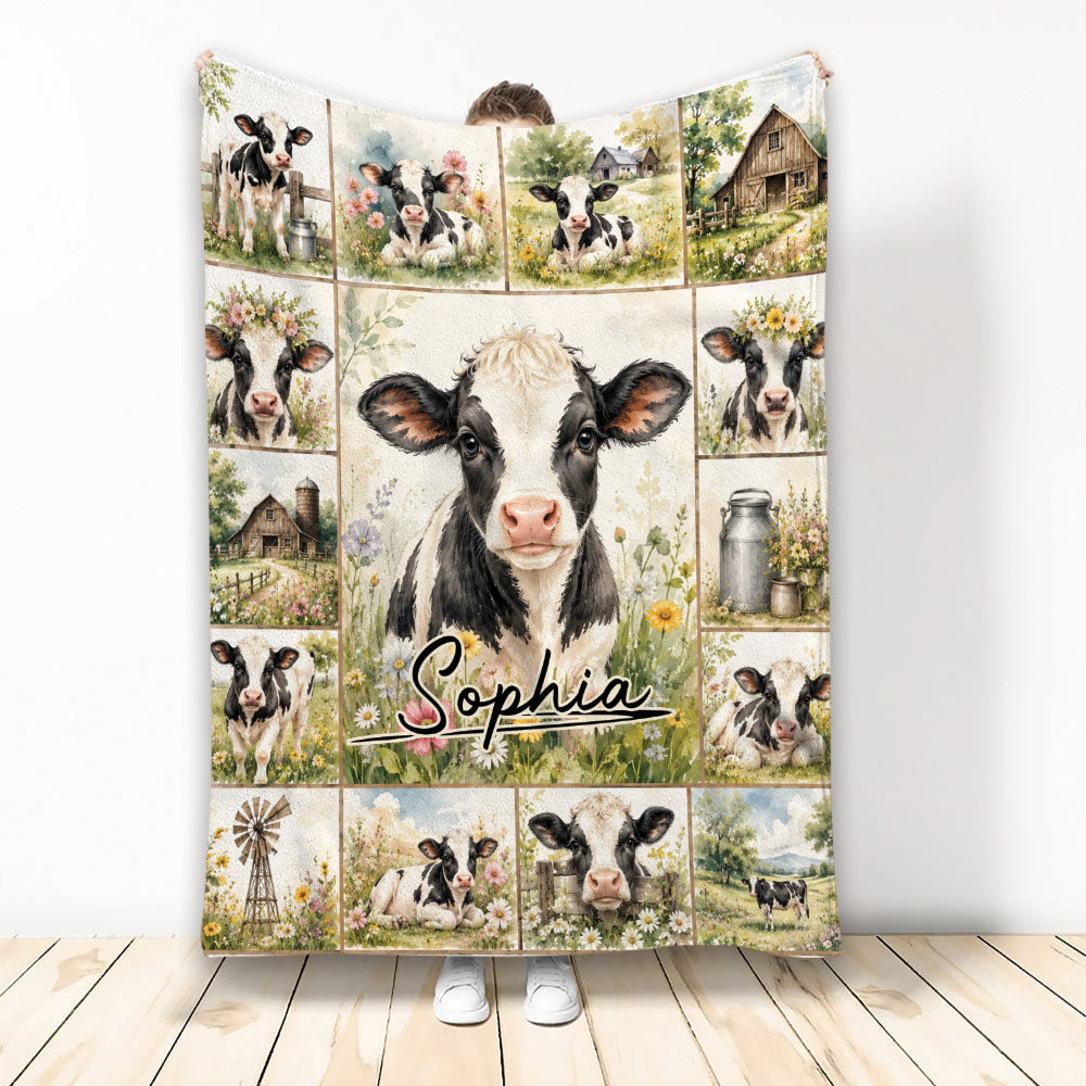 Custom cow blanket featuring black and white cows, wildflowers, barns, a windmill, and rustic farm scenes