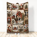 Christmas cow blanket featuring festive cows, a snowy barn, evergreen wreaths, and rustic farm scenes