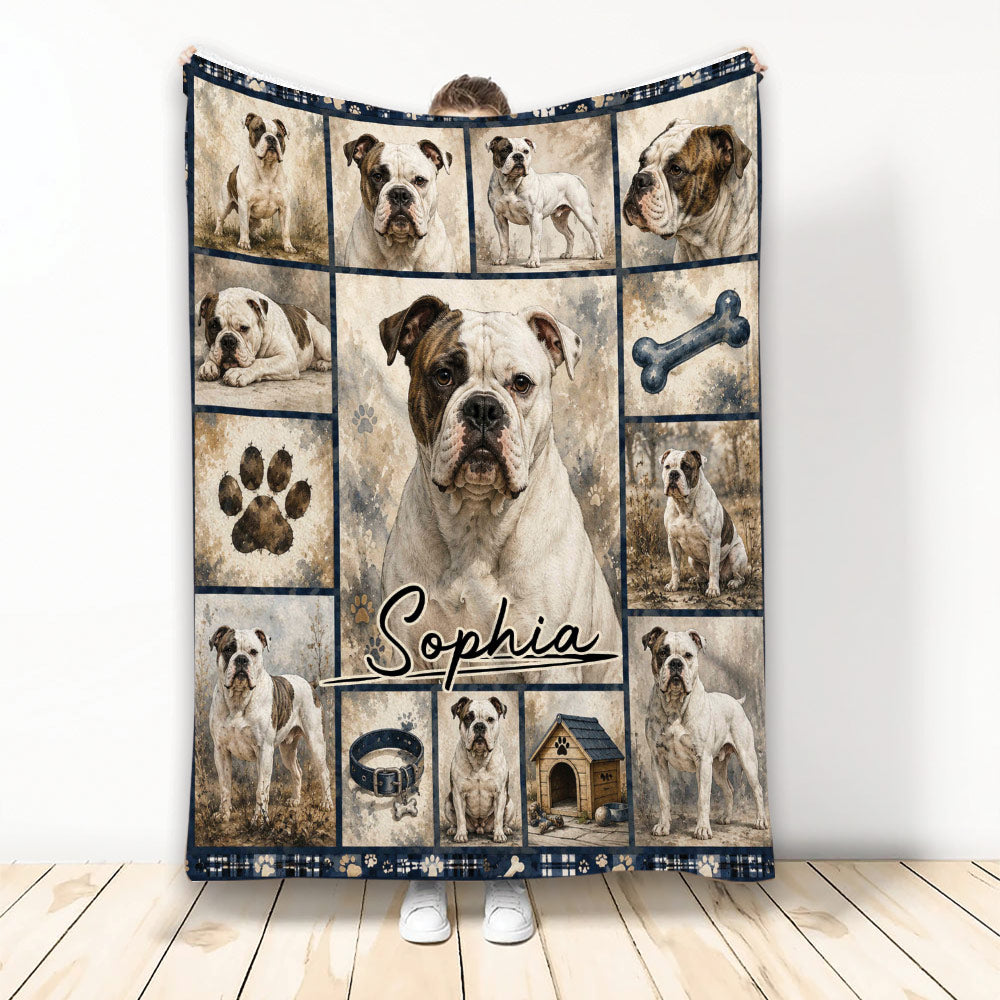 American Bulldog blanket with vintage collage of bulldog portraits, paw print, dog bone, collar and doghouse