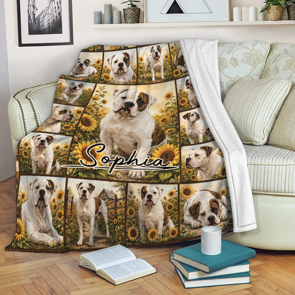 American Bulldog throw blanket draped over a sofa with sunflower dog artwork in a cozy living room