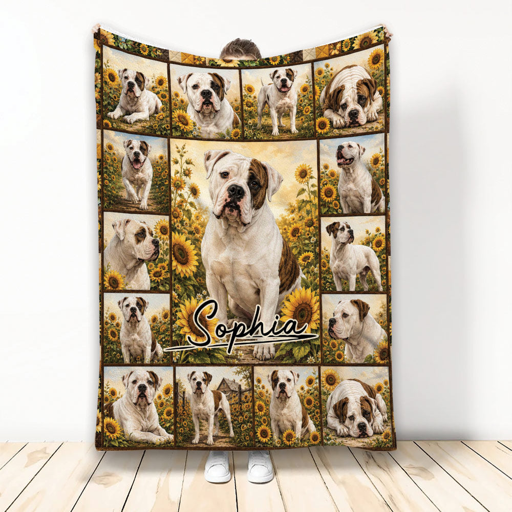 American Bulldog throw blanket displayed with sunflower collage artwork in a full-length room setting