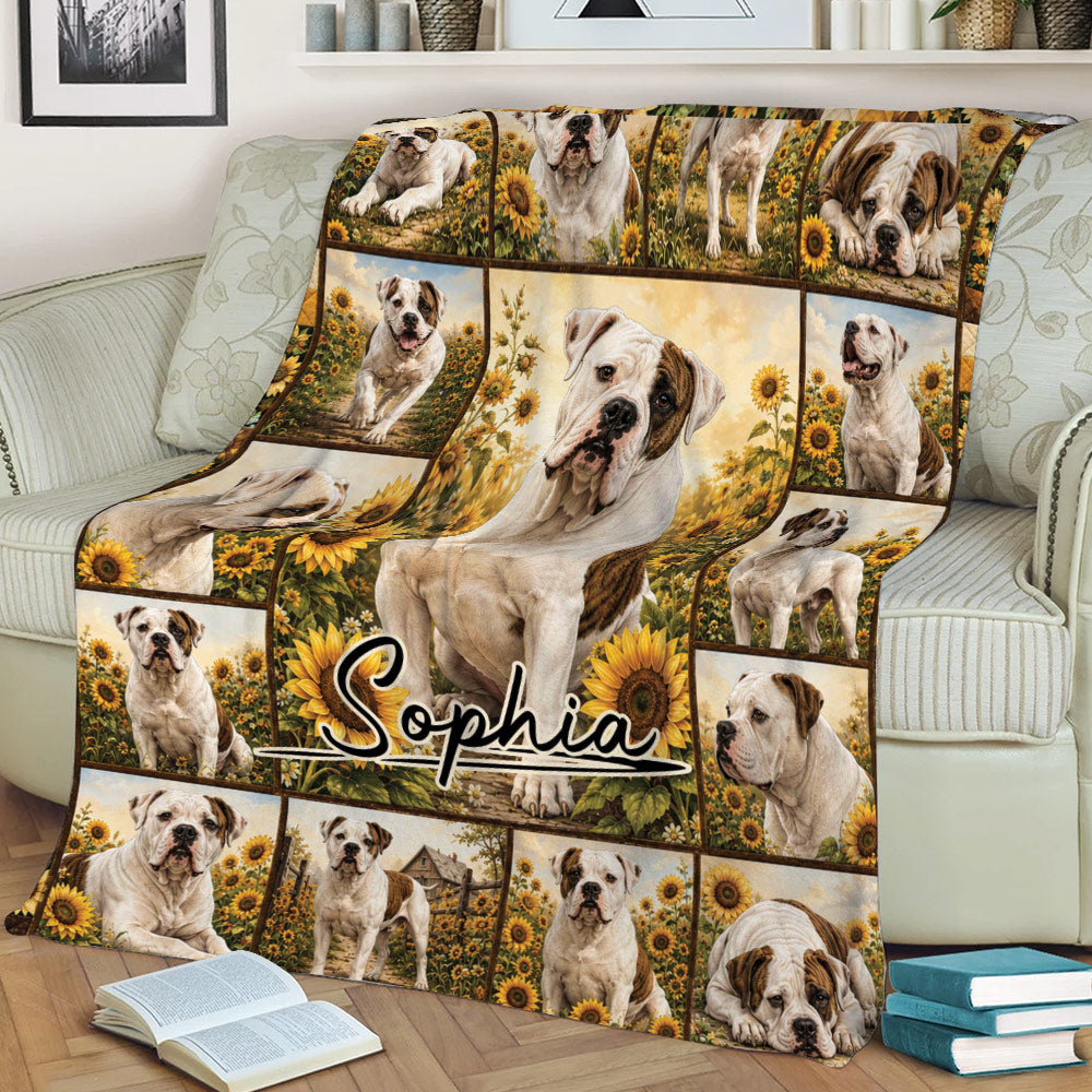 American Bulldog blanket spread across a sofa, featuring multiple bulldog portraits and sunflower scenery