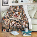American Bulldog throw blanket draped across a sofa with repeated bulldog portraits and decorative floral patterns