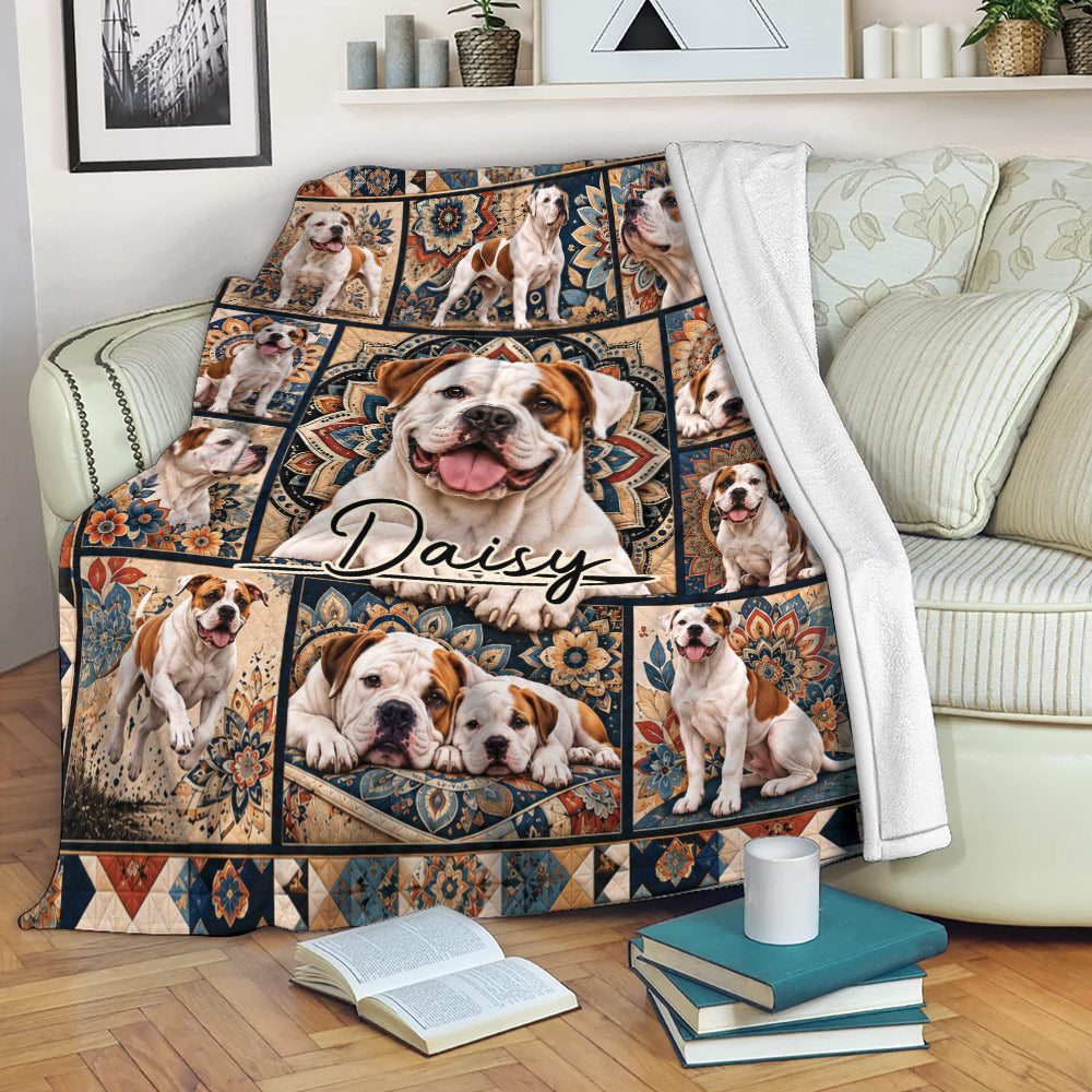 American Bulldog throw blanket draped across a sofa with repeated bulldog portraits and decorative floral patterns