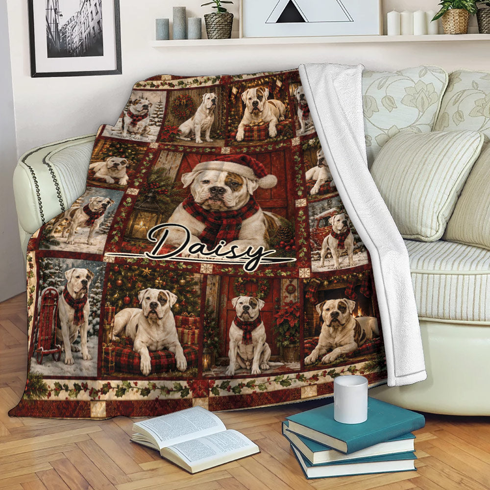 American Bulldog Christmas blanket displayed on a sofa in a cozy living room setting