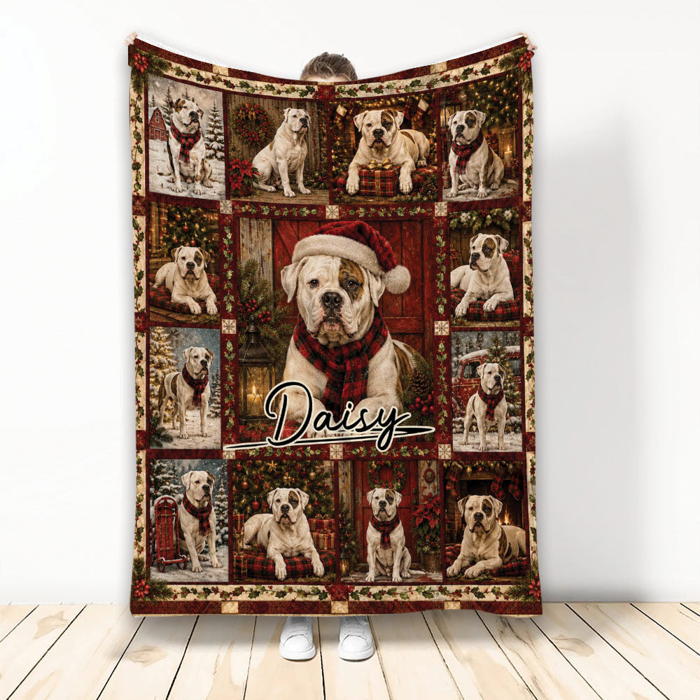 American Bulldog throw blanket with festive Christmas scenes, plaid accents, greenery, and holiday artwork