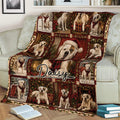 Festive American Bulldog throw blanket draped over a sofa with holiday artwork and plaid details