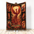 Fiery phoenix blanket with ornate black border and glowing red, orange, and gold artwork