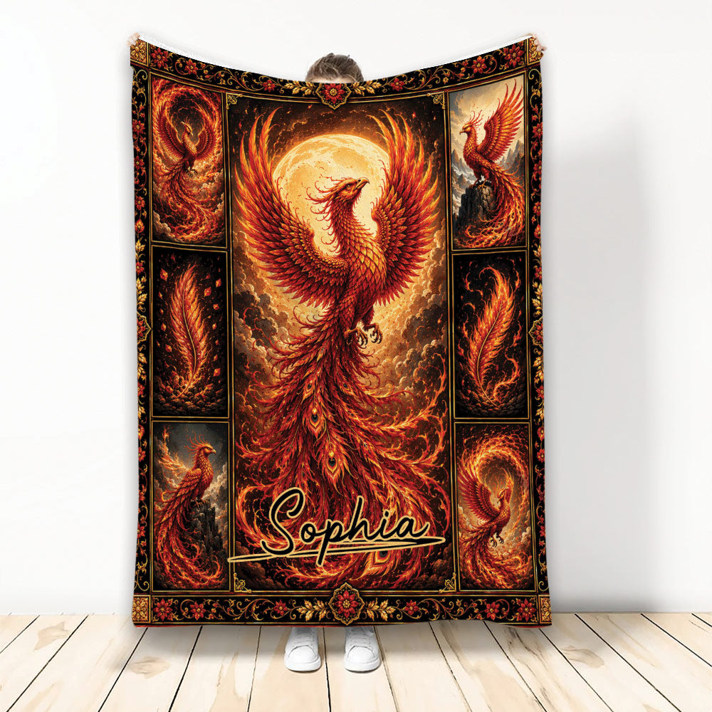 Fiery phoenix blanket with ornate black border and glowing red, orange, and gold artwork