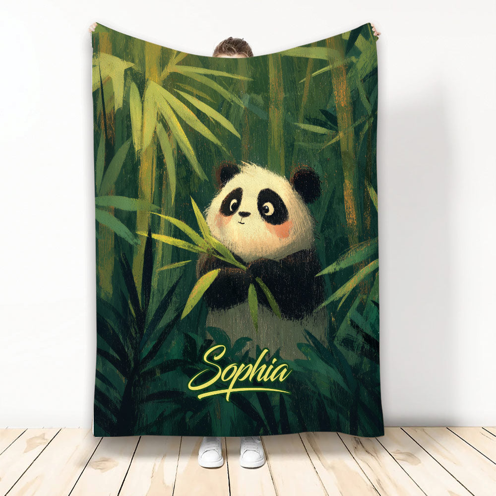 Panda throw blanket featuring a playful panda in a lush green bamboo forest design