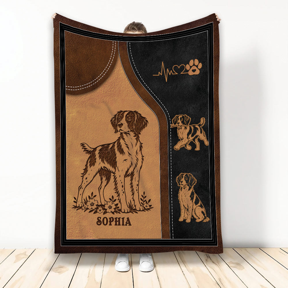 Brittany Spaniel throw blanket with vintage leather-look artwork, paw print heart, and floral dog illustration