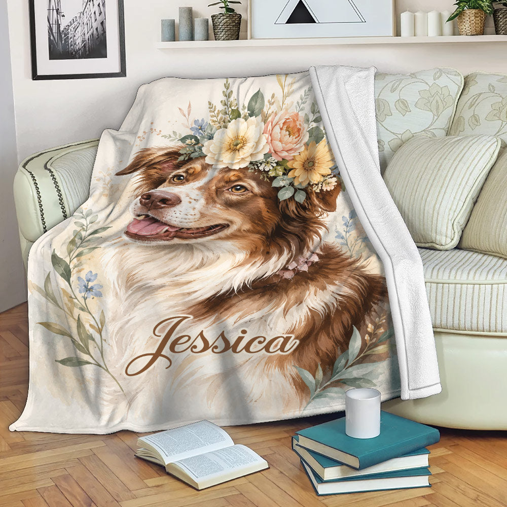 Brittany Spaniel blanket with soft floral artwork draped over a living room sofa