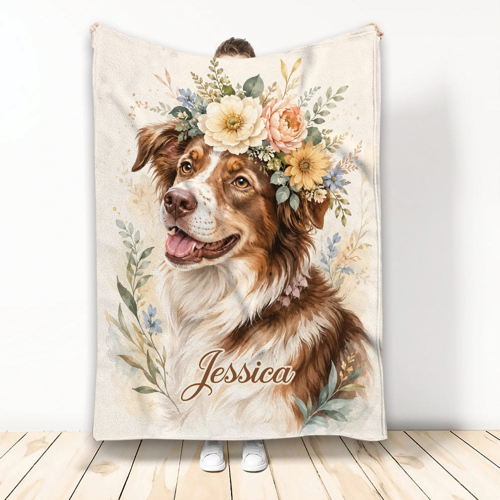 Brittany Spaniel throw blanket with floral watercolor dog artwork displayed vertically