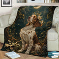 Brittany Spaniel blanket styled on an armchair with moonlit floral woodland design