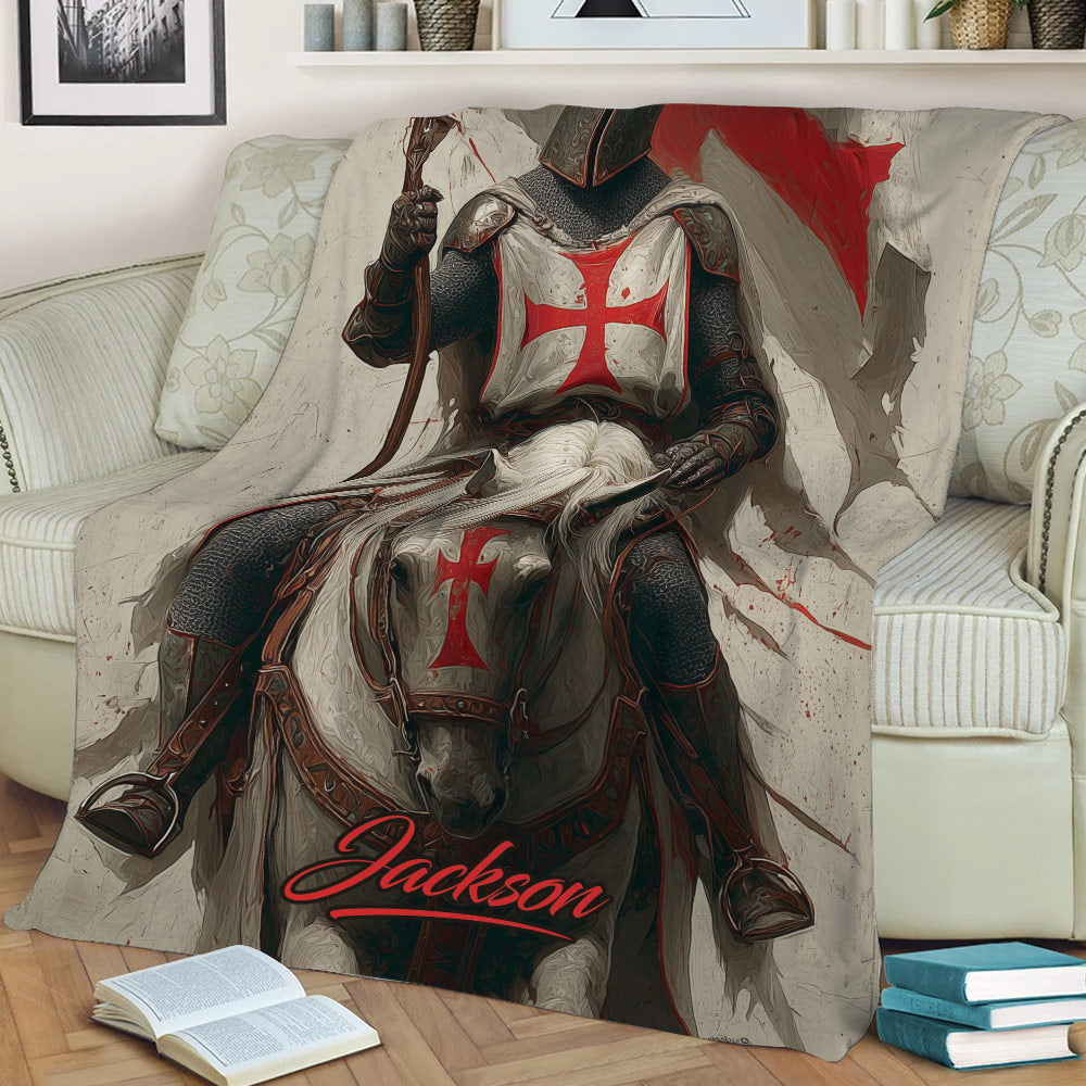 Medieval Knights Templar blanket draped over a sofa with an armored knight, horse, shield and red cross design