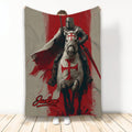 Knights Templar throw blanket featuring an armored medieval knight on horseback in red and gray artwork