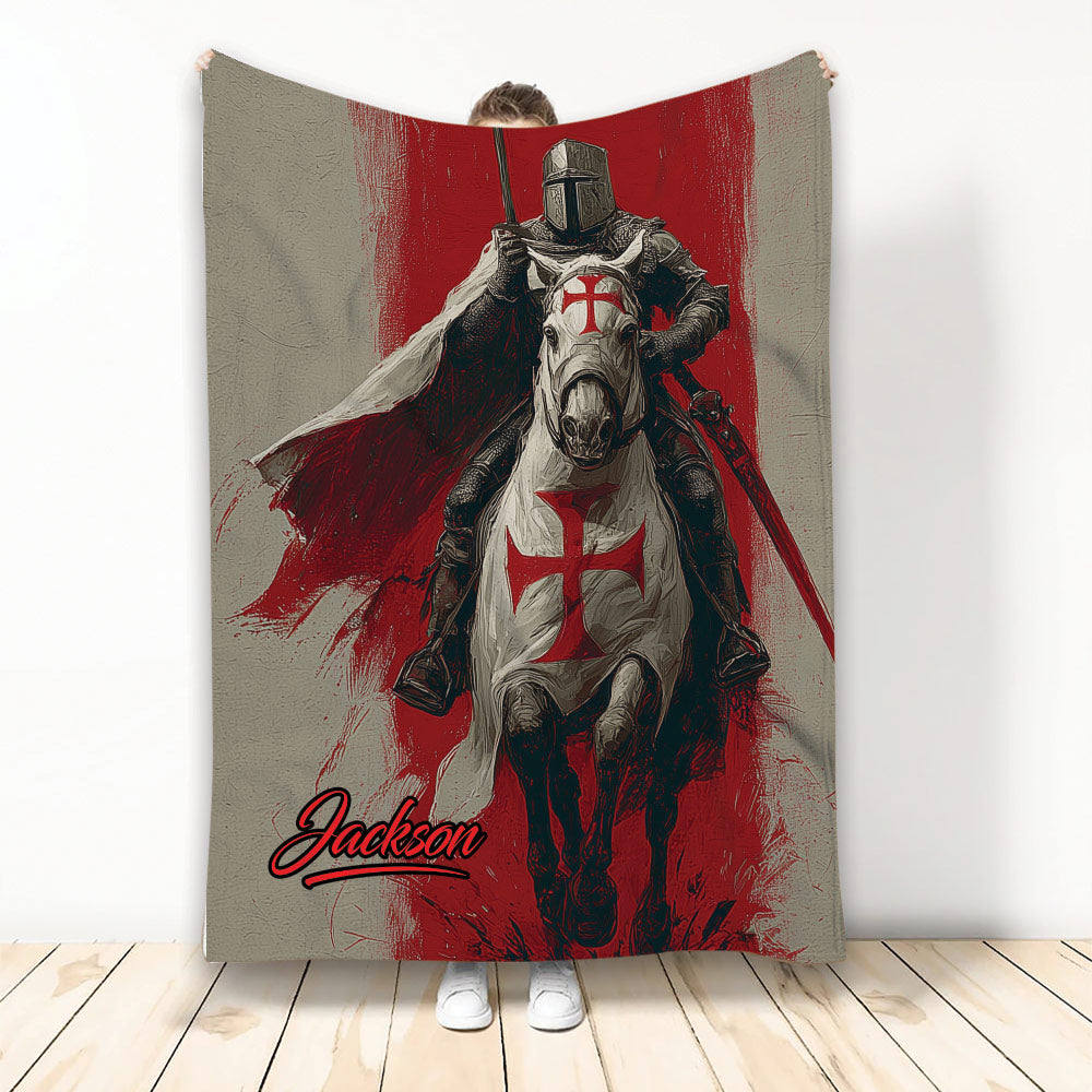 Knights Templar throw blanket featuring an armored medieval knight on horseback in red and gray artwork