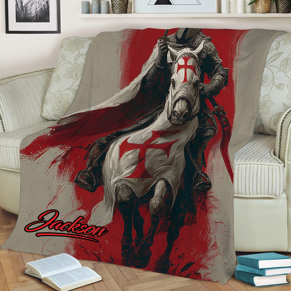 Medieval Knights Templar throw blanket draped across a sofa with dramatic armored knight artwork