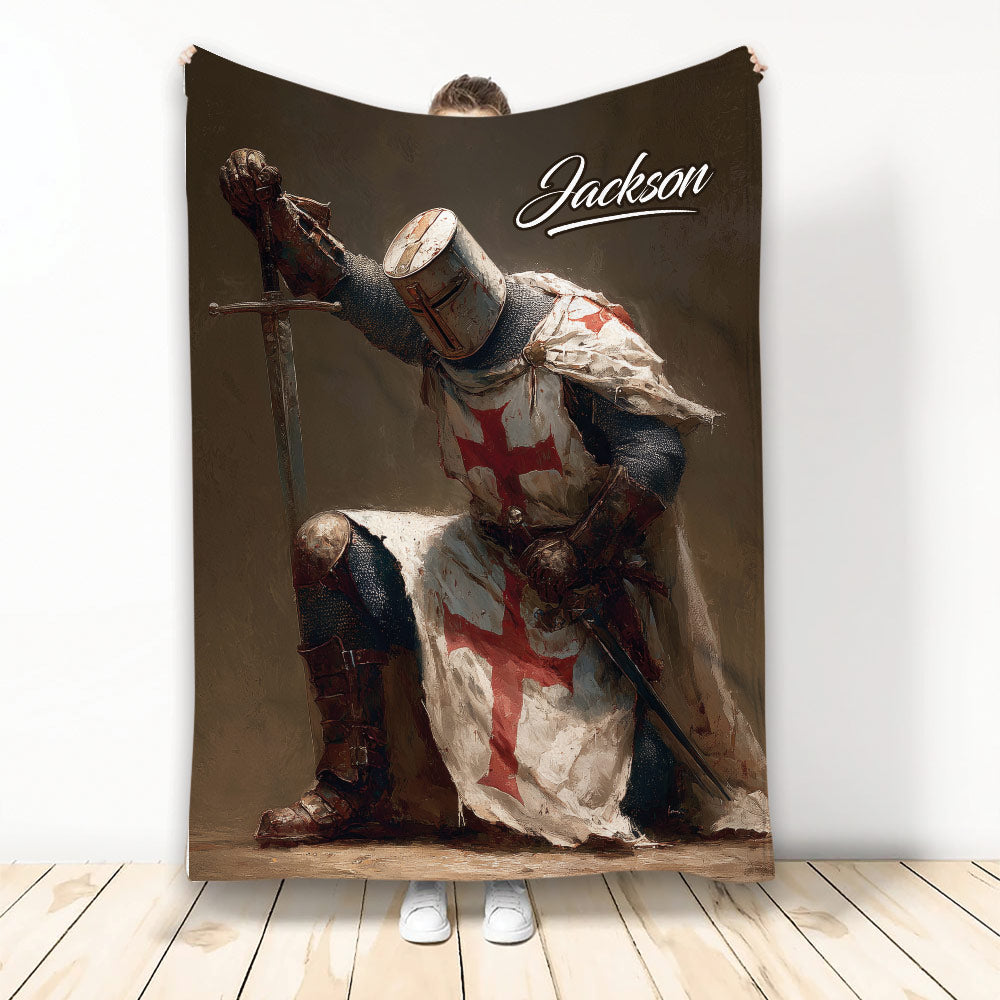Knights Templar blanket featuring an armored medieval knight with sword and red cross artwork