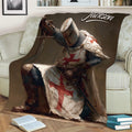 Medieval Knights Templar throw blanket styled over a sofa with armored knight artwork