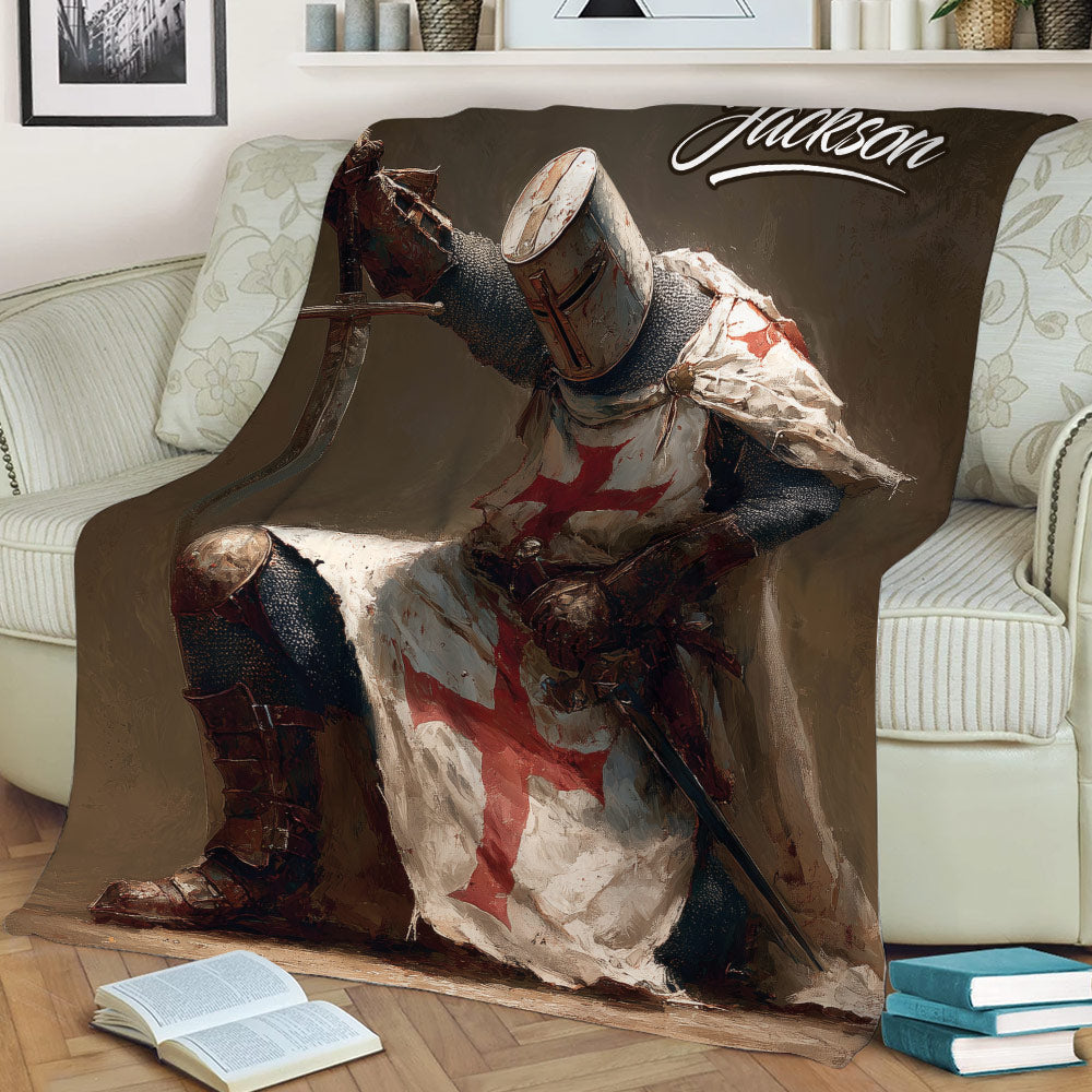 Medieval Knights Templar throw blanket styled over a sofa with armored knight artwork