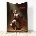 Knights Templar throw blanket featuring an armored medieval knight with sword, shield, and red cross