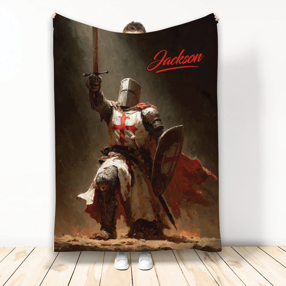 Knights Templar throw blanket featuring an armored medieval knight with sword, shield, and red cross