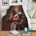 Knights Templar throw blanket displayed on a sofa with armored knight artwork and red cross