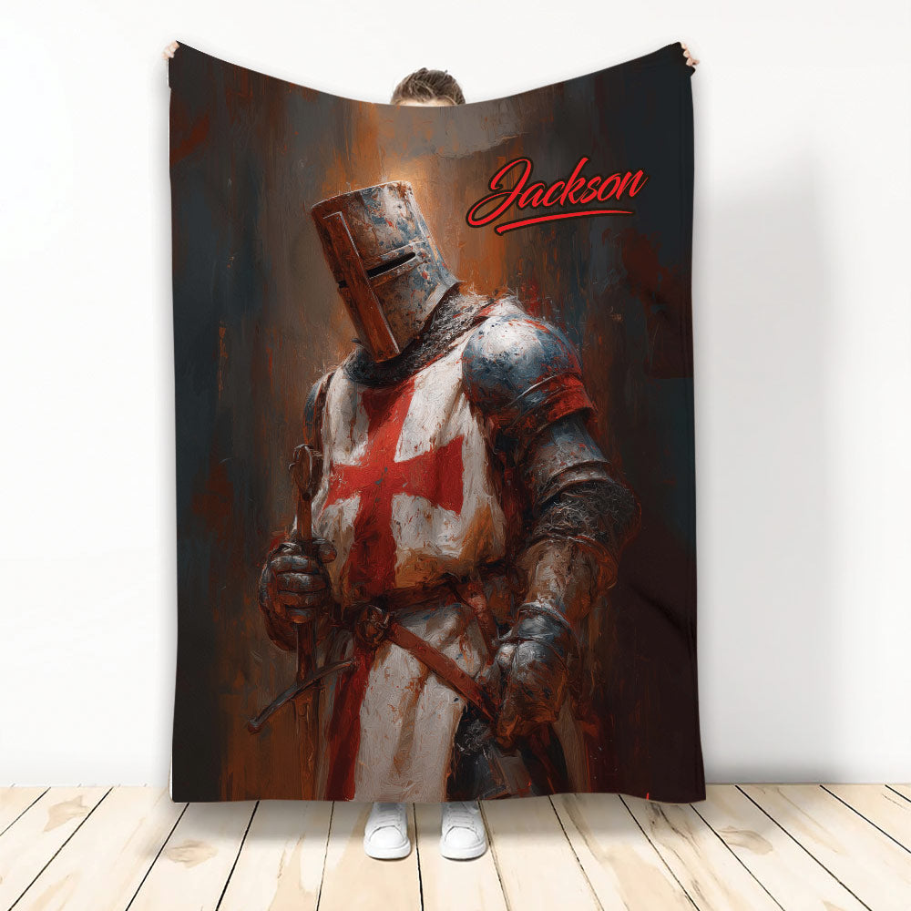 Knights Templar blanket featuring an armored medieval knight with a red cross and sword