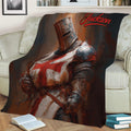 Medieval Knights Templar blanket draped over a sofa with dramatic armored knight artwork