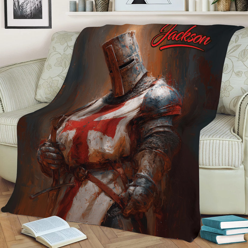 Medieval Knights Templar blanket draped over a sofa with dramatic armored knight artwork