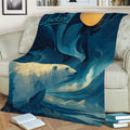 Close lifestyle view of polar bear throw blanket featuring blue Arctic waters, mountains, and a golden moon