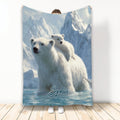 Polar bear and cub blanket design with icy mountains and blue arctic water