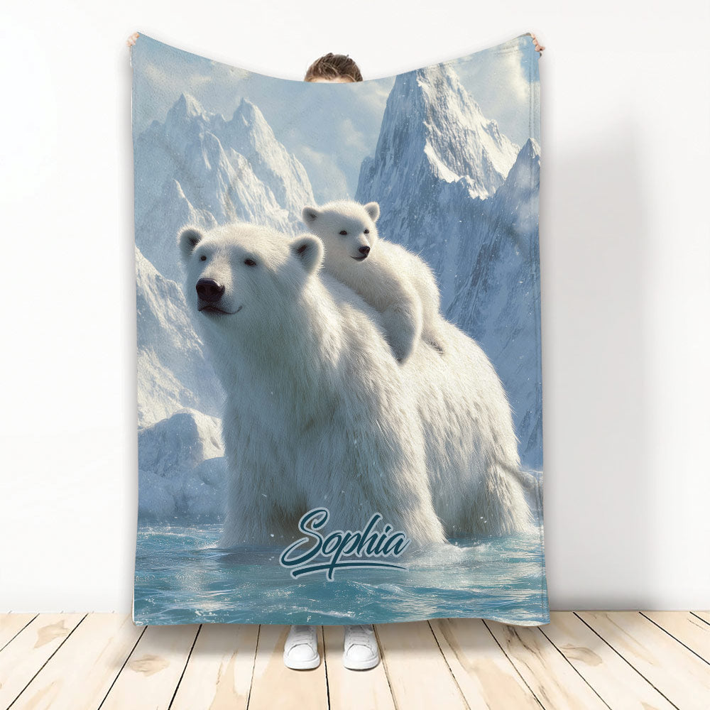 Polar bear and cub blanket design with icy mountains and blue arctic water