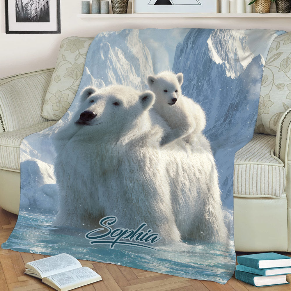 Arctic polar bear family throw blanket draped across a sofa with mountain scenery