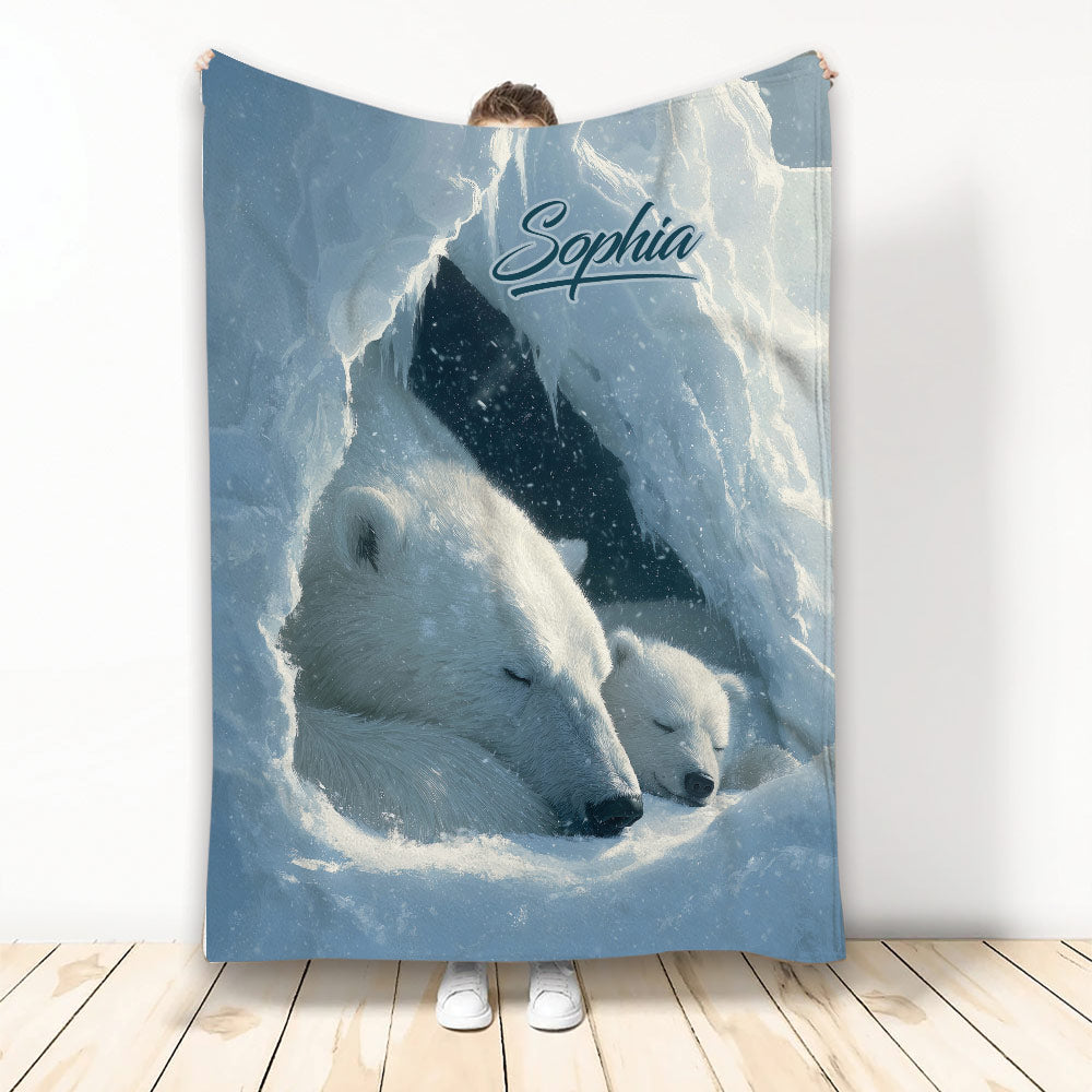 Polar bear family blanket displayed vertically with snowy Arctic artwork in cool blue and white tones
