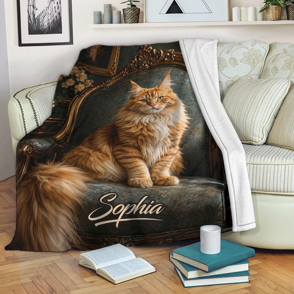 Maine Coon cat blanket draped over a sofa in a cozy reading room with books