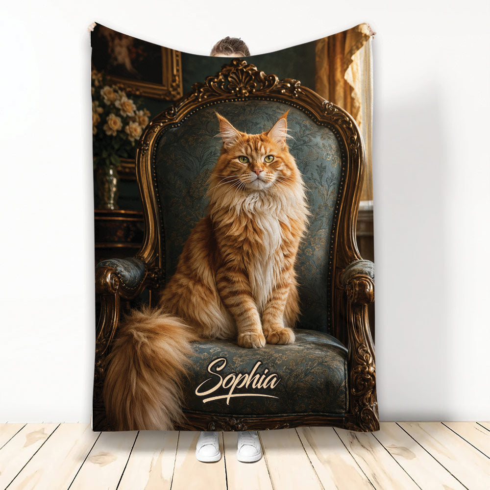 Maine Coon cat throw blanket displayed with an elegant antique chair and warm vintage decor