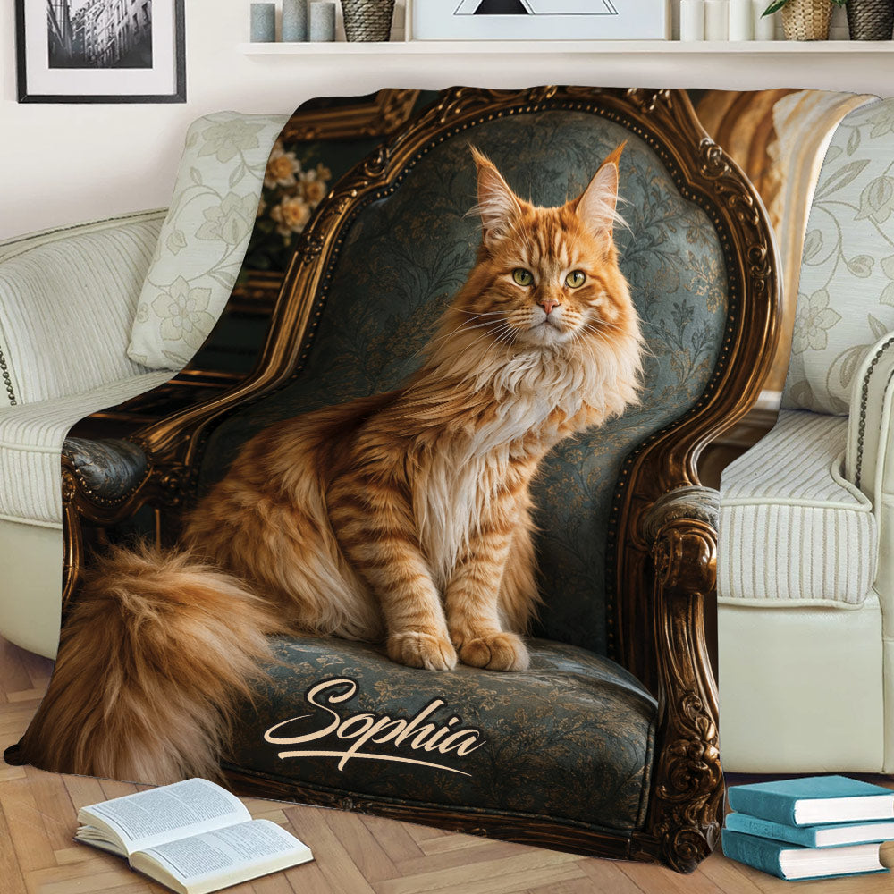 Maine Coon cat artwork blanket styled across an armchair in an inviting living room