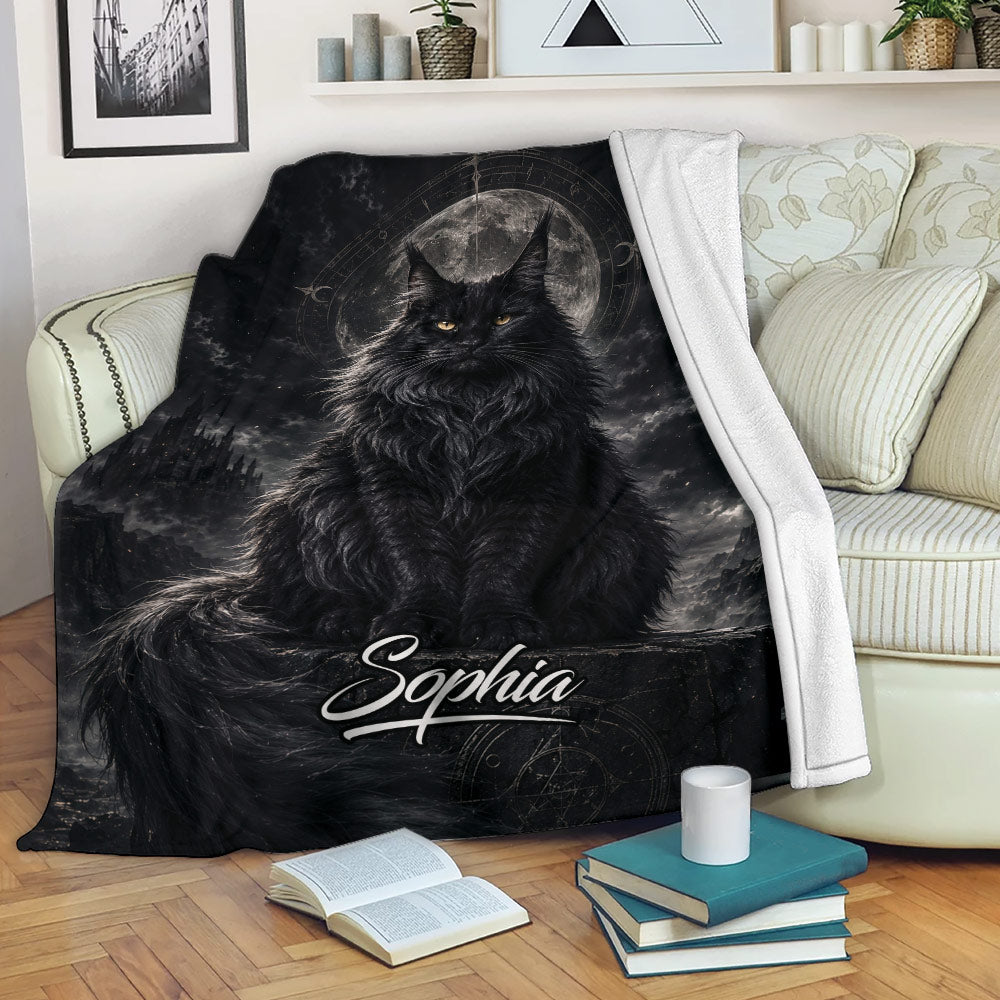 Black Maine Coon throw blanket displayed on a sofa with moonlit gothic cat artwork