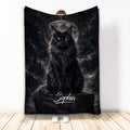 Black Maine Coon cat blanket with full moon, dark castle landscape, and gothic fantasy artwork