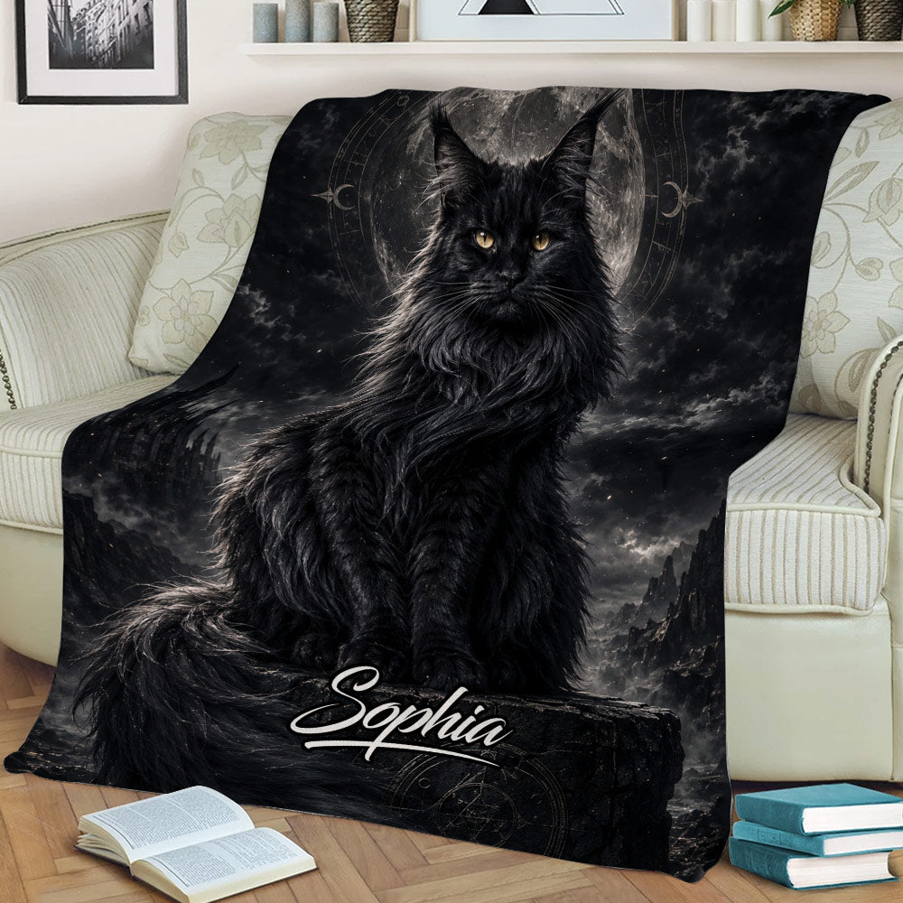 Maine Coon throw blanket featuring a black cat beneath a full moon in a dramatic dark landscape