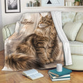 Maine Coon cat throw blanket draped over a sofa in a cozy reading room