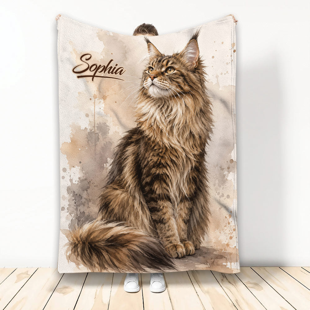 Watercolor Maine Coon cat blanket displayed upright with warm brown artwork and a cozy artistic theme