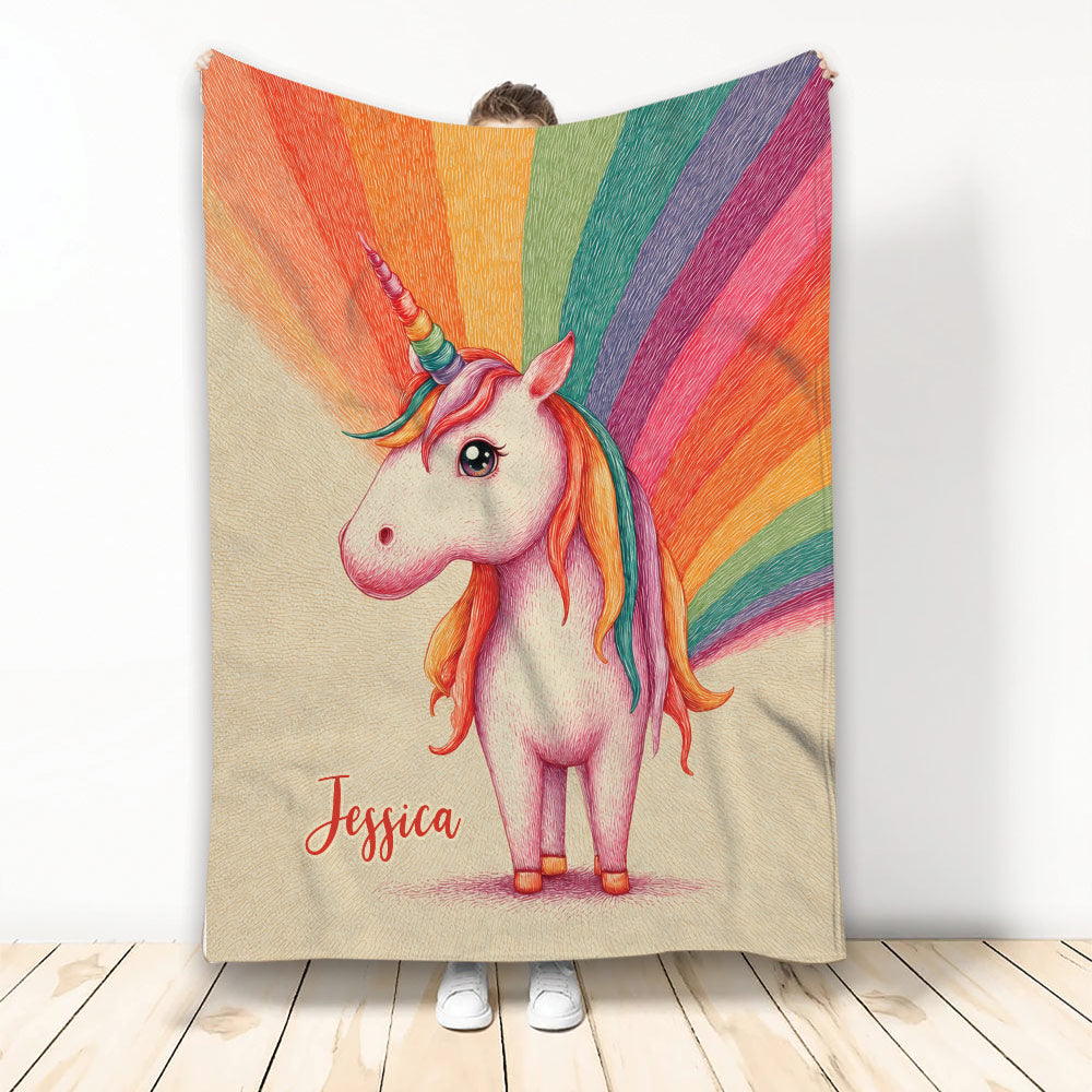 Colorful unicorn throw blanket with rainbow mane and vibrant rainbow burst artwork