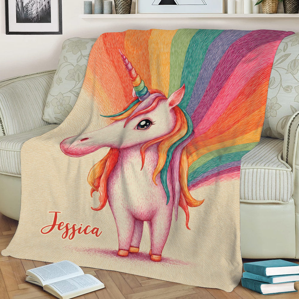 Bright unicorn blanket displayed on a sofa with whimsical rainbow artwork