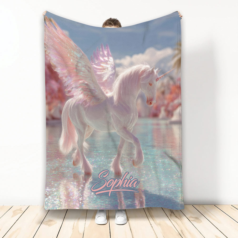 Winged unicorn blanket with pastel pink and blue fantasy artwork