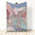 Winged unicorn blanket with pastel pink and blue fantasy artwork